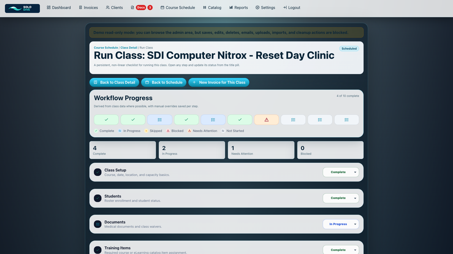 SoloDive run class workflow checklist