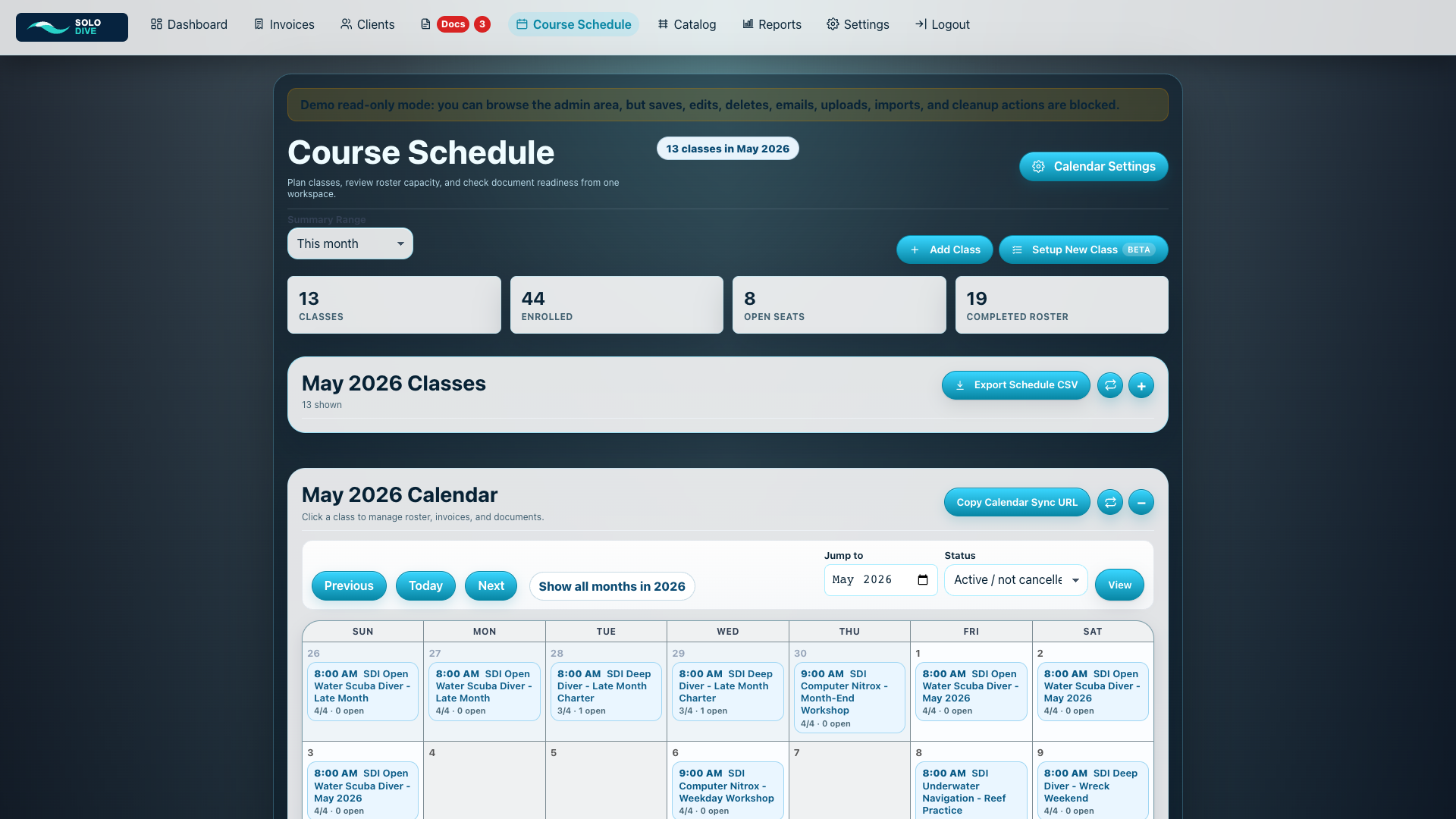 SoloDive course schedule with setup new class access