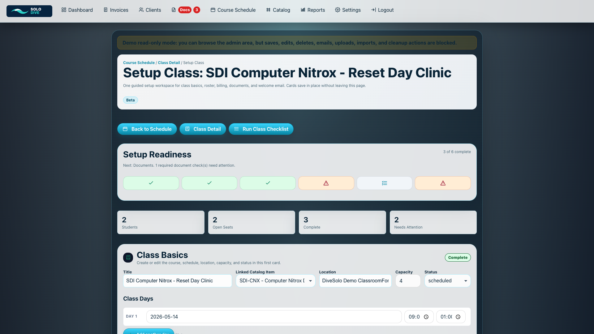 SoloDive setup class workflow for an existing class
