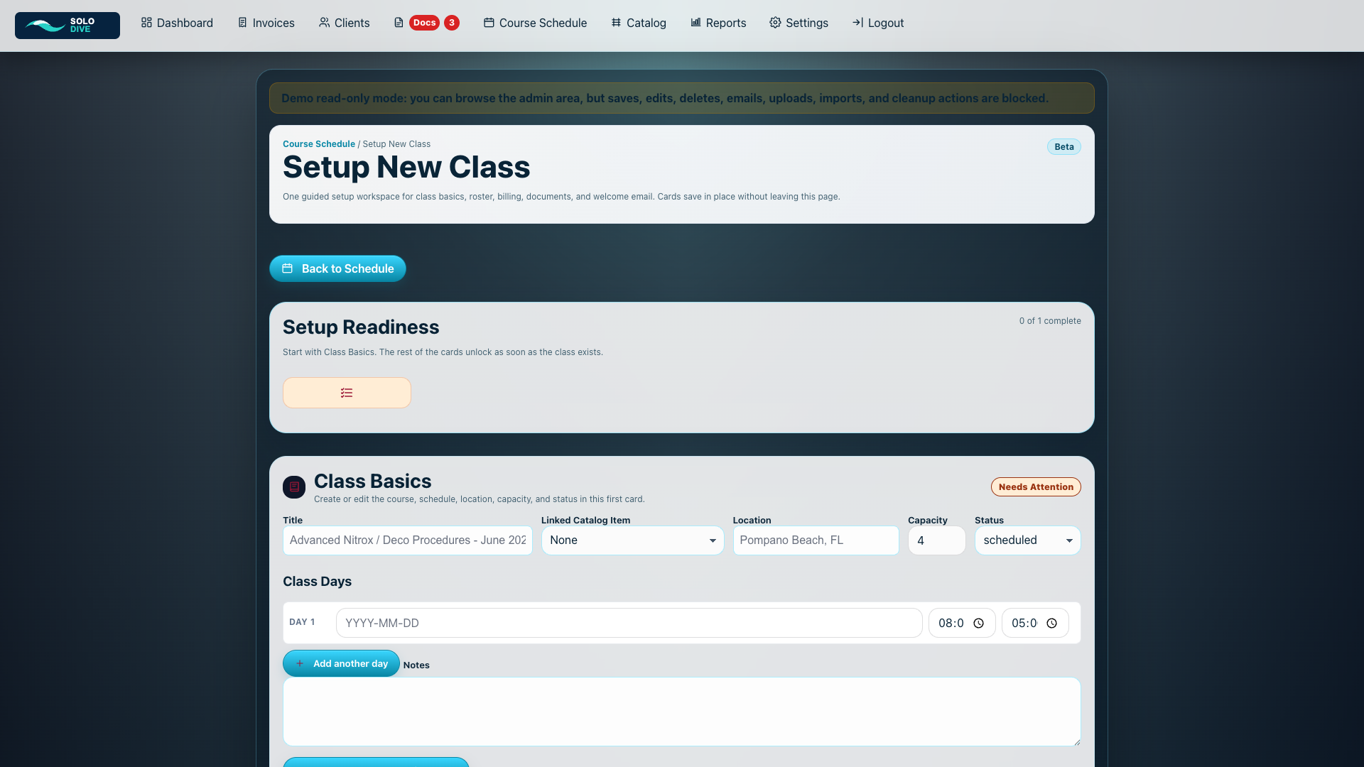 SoloDive setup new class workflow